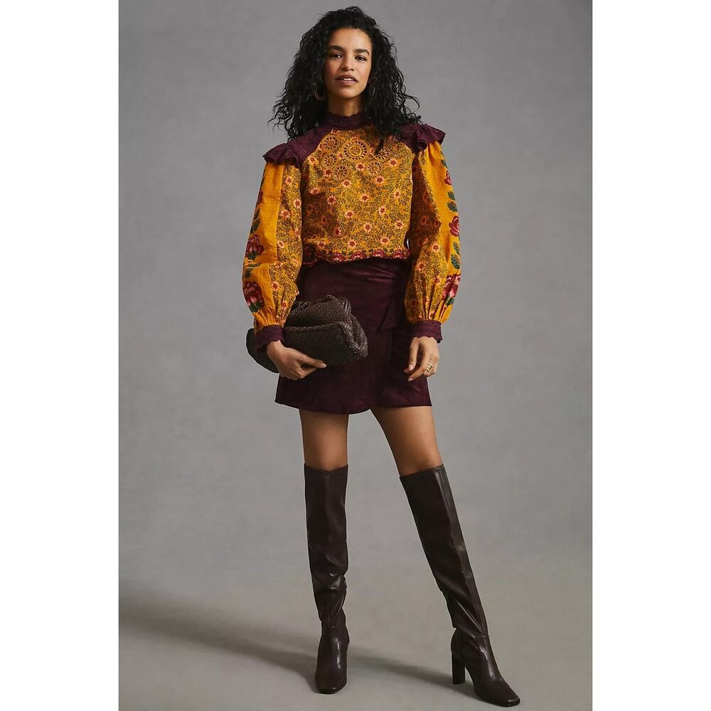 New Farm x Anthropologie Ruffled Floral Long Sleeve Blouse $178 SMALL Yellow
